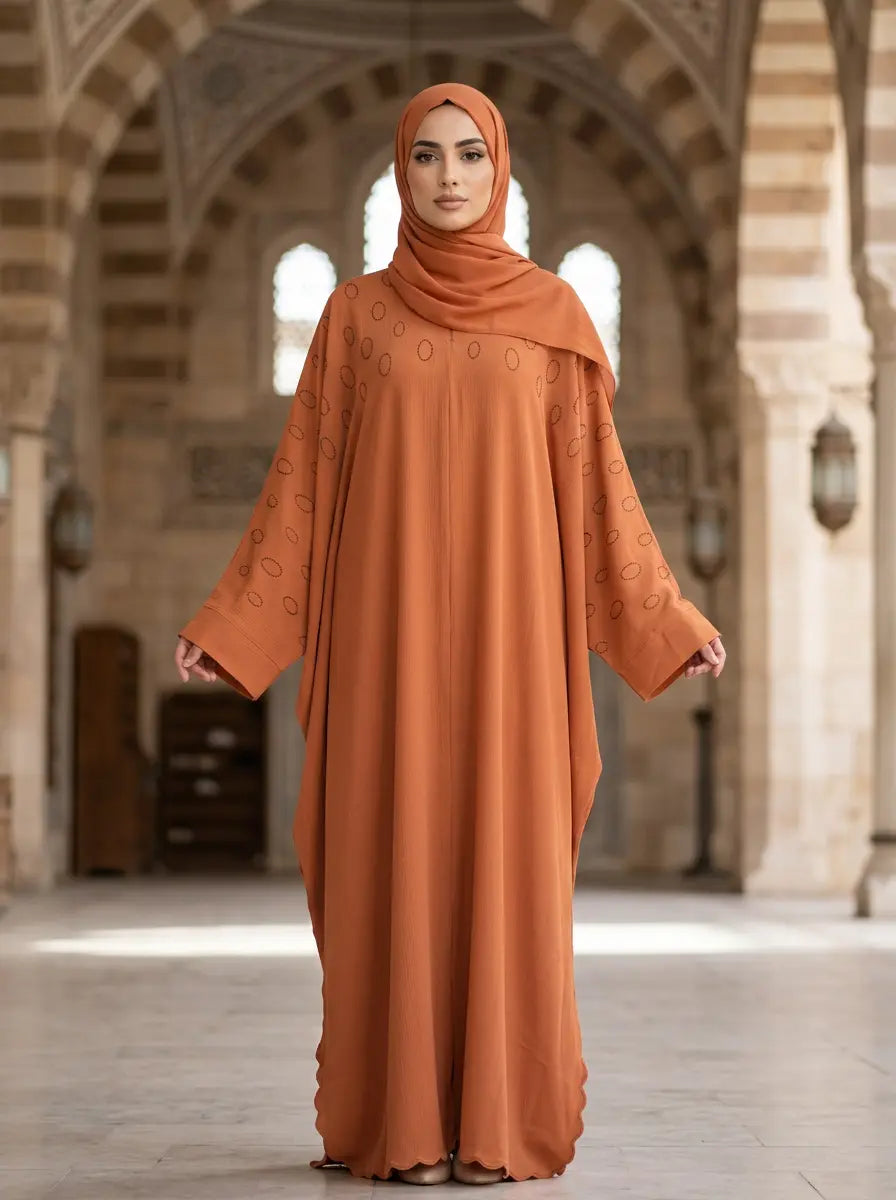 FashionSense Cosmic Abaya in Orange — pullover closed-front abaya with V-neck, kimono sleeves and scattered stone/bead embellishment