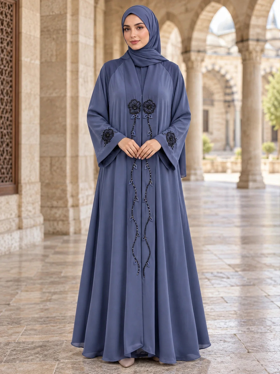 Gulnaz Abaya in Slate Blue with beaded floral vine