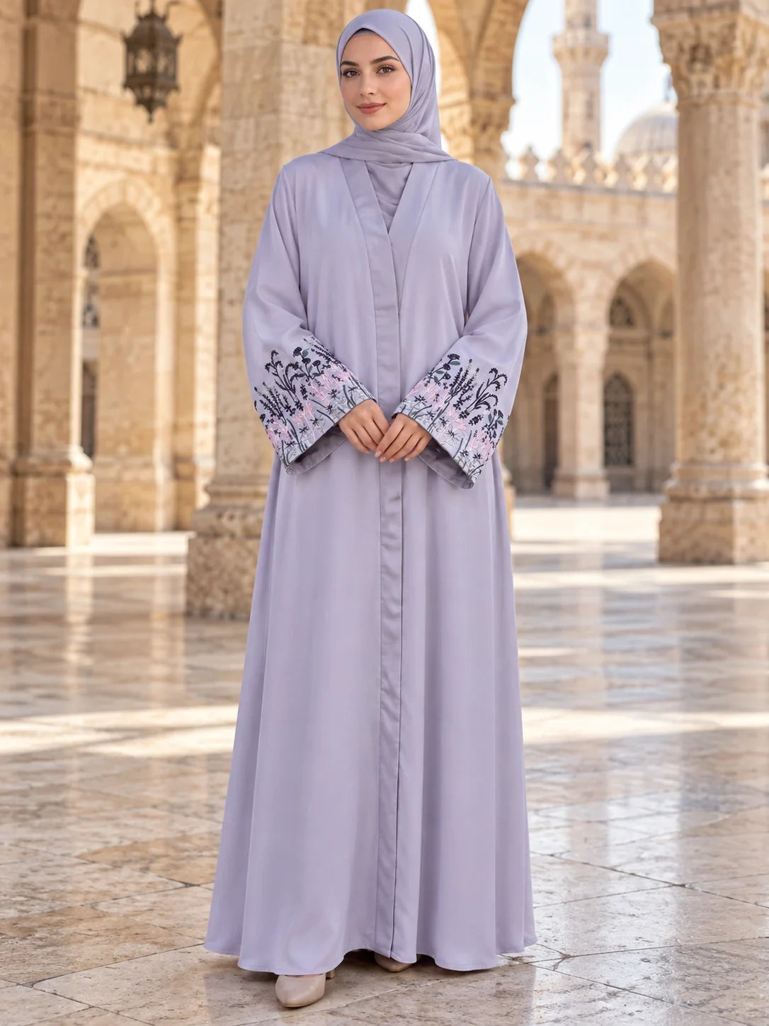 Mehrunisa Abaya in Lavender with floral embroidered bell cuffs