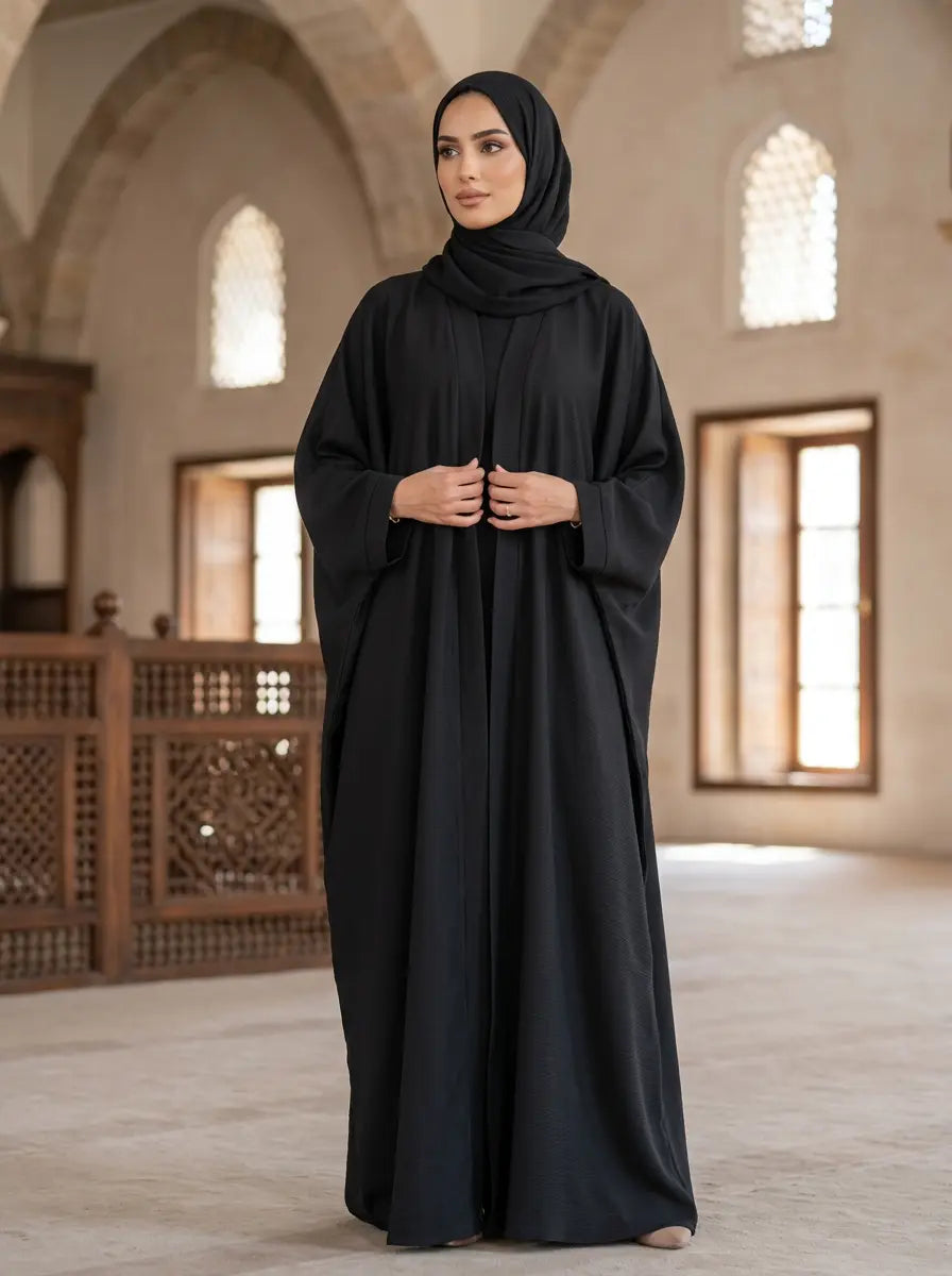 FashionSense Samirah Abaya in Dark Grey — open-front ribbed knit abaya with wide kimono sleeves
