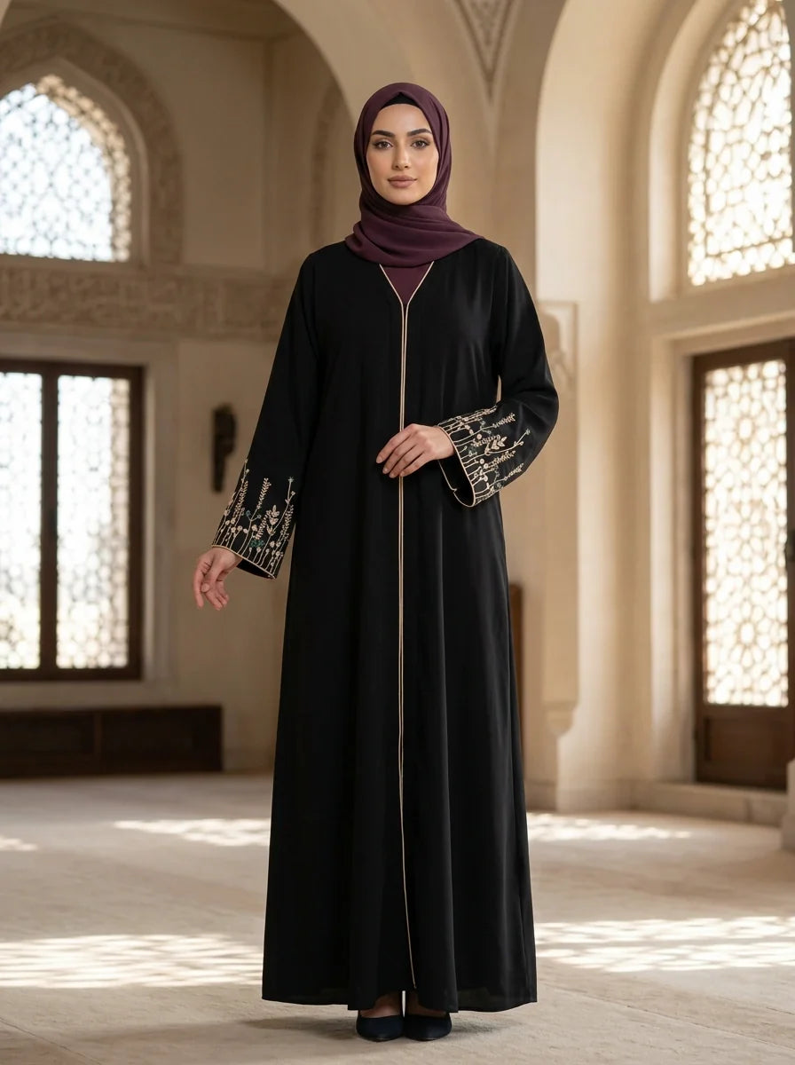 Sanobar Embroidered Abaya - Black