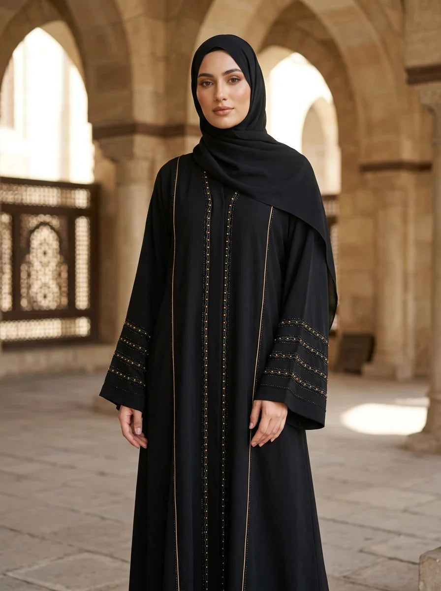 Anabia Abaya - black abaya with gold beaded front placket