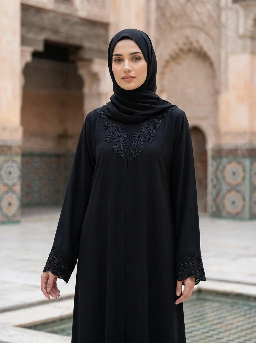 Areesha Abaya in Black - lace trim embroidered abaya