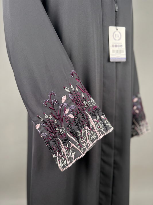 Layla charcoal grey abaya, sleeve embroidery detail