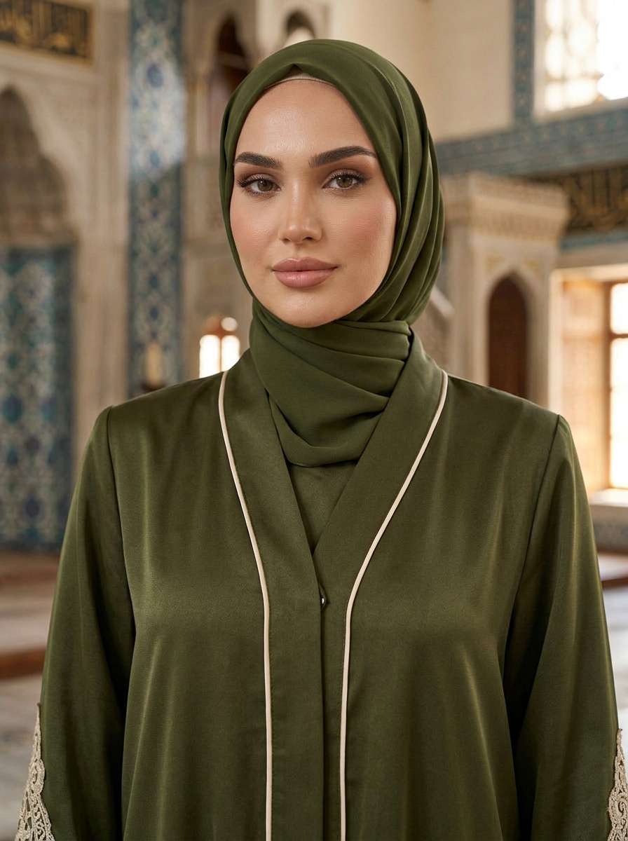 FashionSense Amal Abaya in Olive — closeup of collar and hijab drape