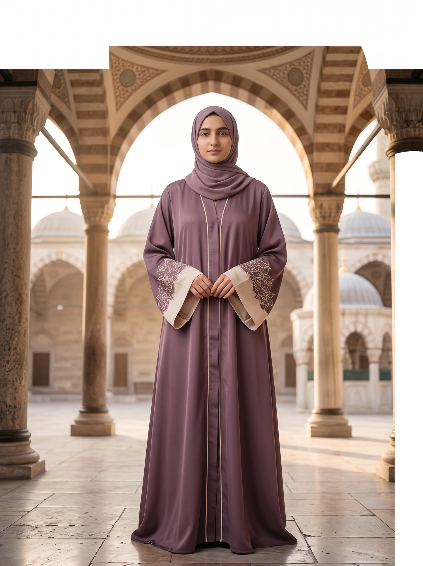 Amira mauve abaya, mosque courtyard full-length