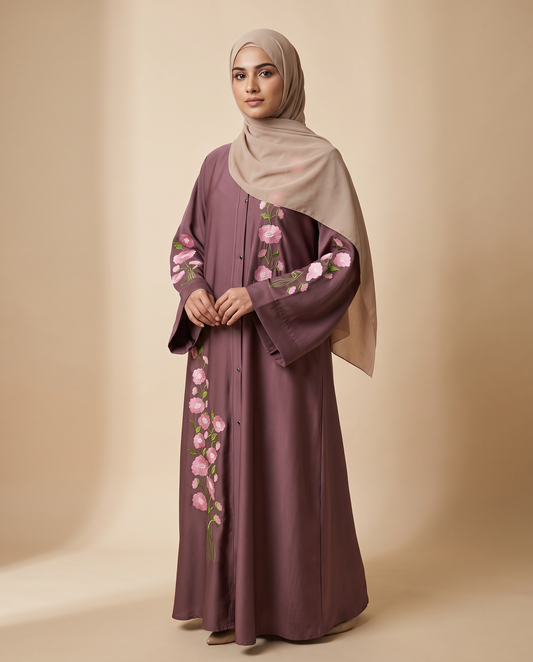Zainab Abaya 45-degree angle view showing embroidered sleeve and front placket detail
