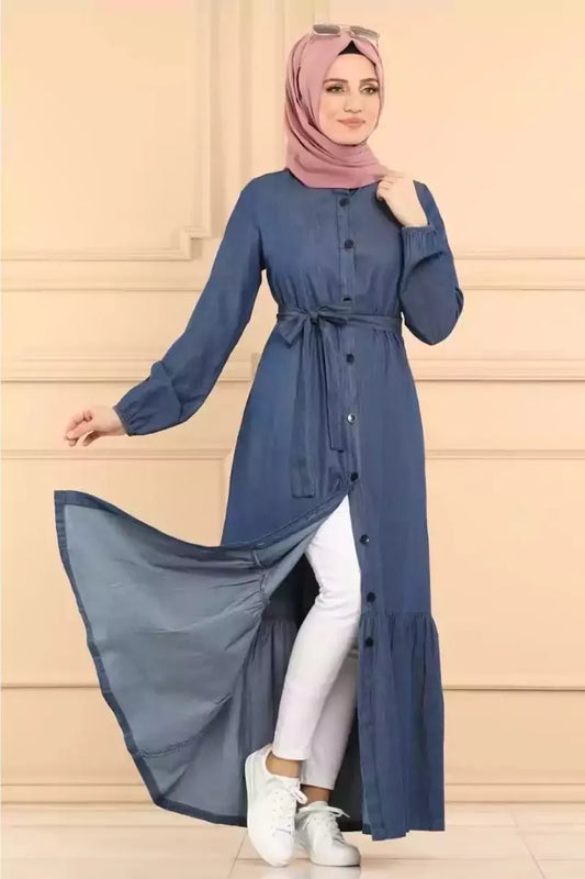 Women Navy Blue Solid Denim Front open Abaya Burqa