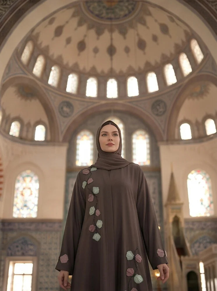 Afsaana Abaya - model wearing abaya, styled with hijab