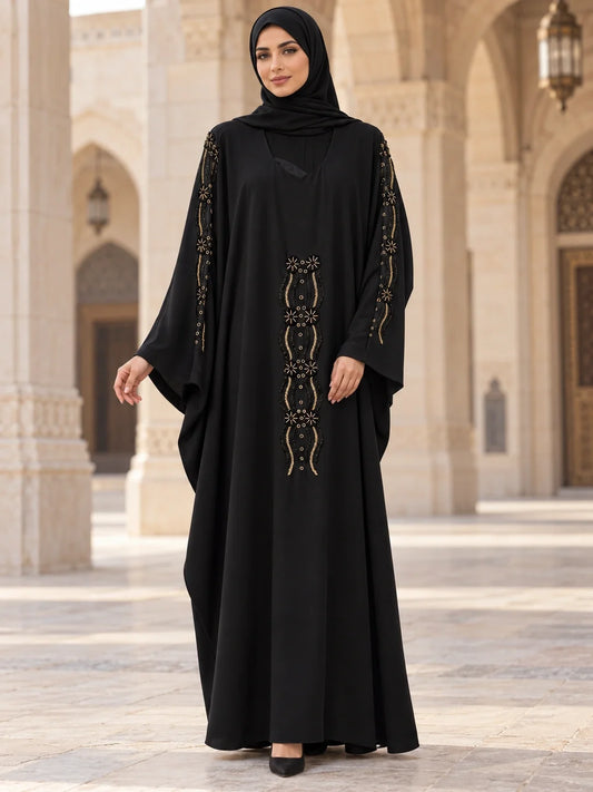 Almas Abaya in Black with gold beaded floral column