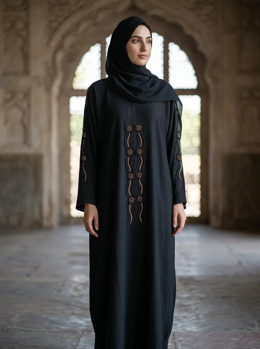 FashionSense Anmol Handwork Abaya in Black — chain-stitch floral embroidery, front view