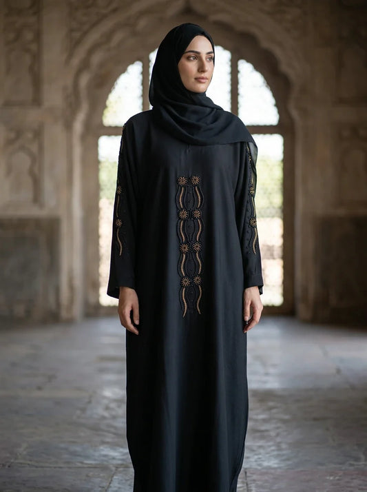 FashionSense Anmol Handwork Abaya in Black — chain-stitch floral embroidery, front view
