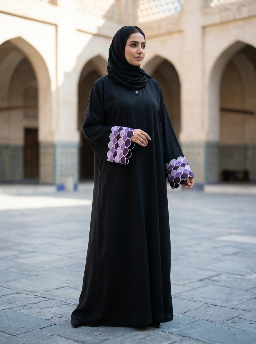 Aroosh Abaya in Black with ombré fish-scale cuffs