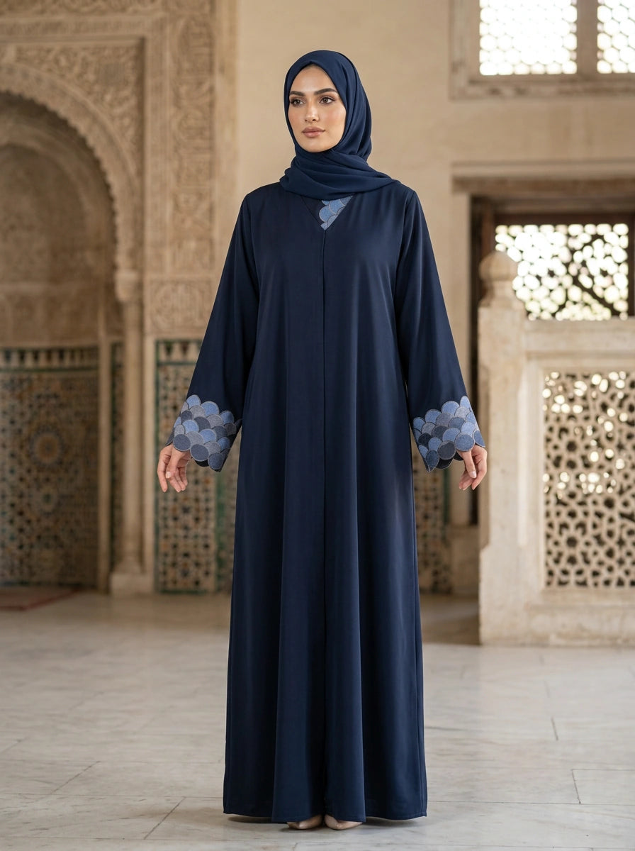 Aroosh Abaya in Navy with fish-scale cuffs