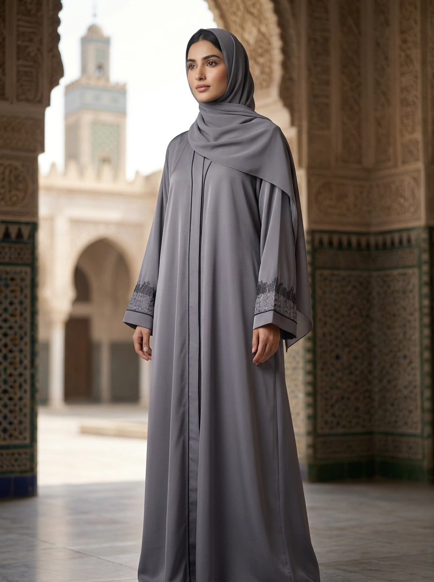 Dilnaz Abaya in Grey with embroidered cuffs