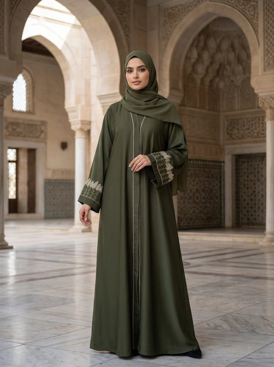Dilnaz Abaya in Olive Green with embroidered cuffs