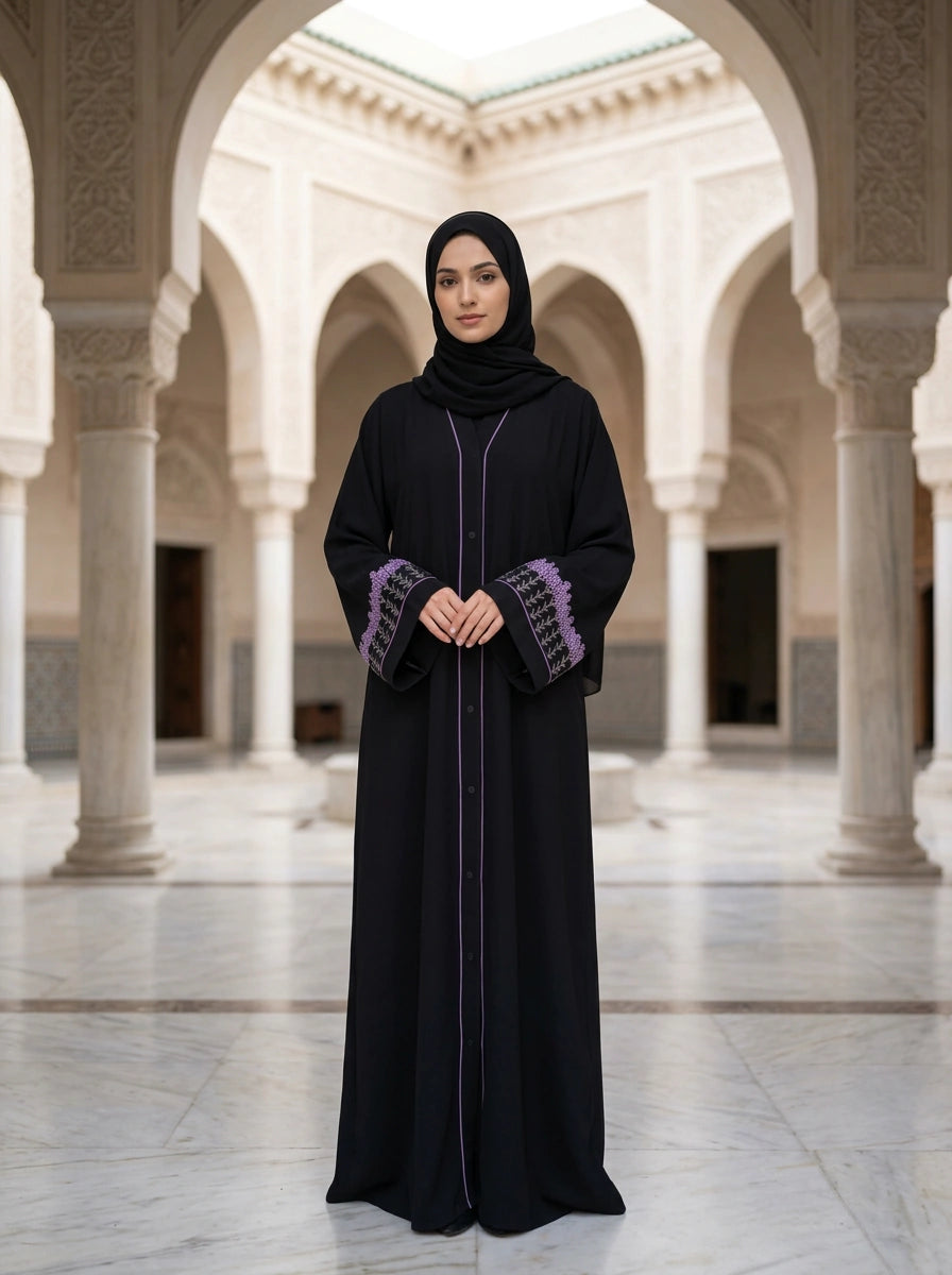 Dilnaz Abaya in Black with embroidered cuffs