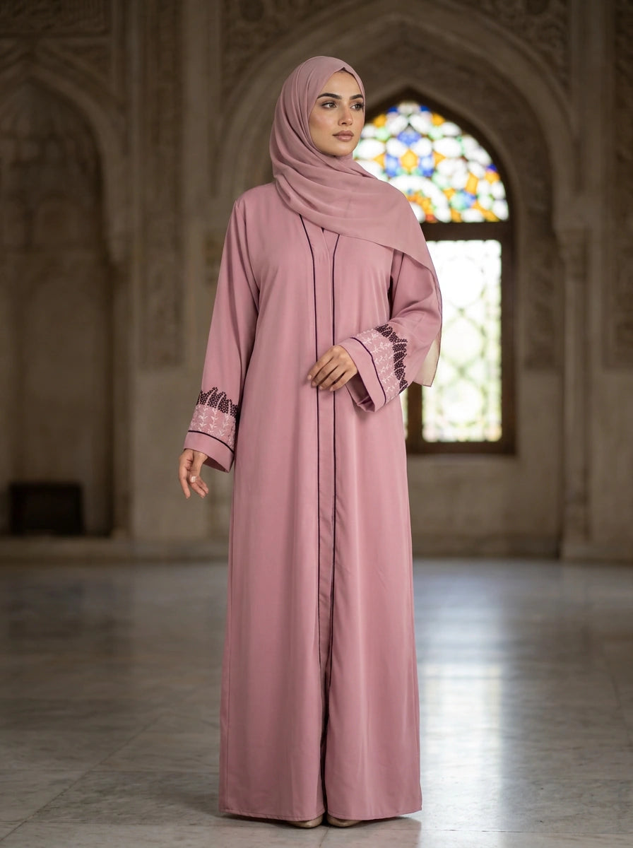 Dilnaz Abaya in Dusty Pink with embroidered cuffs