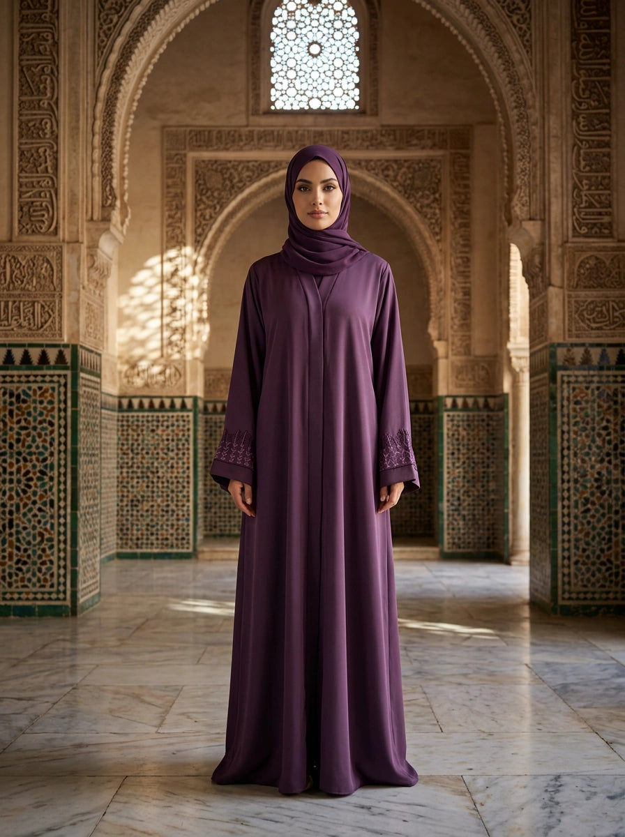 Dilnaz Abaya in Deep Purple with embroidered cuffs