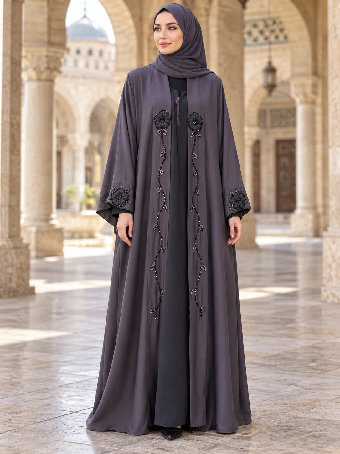 Gulbahar Abaya in Charcoal Plum