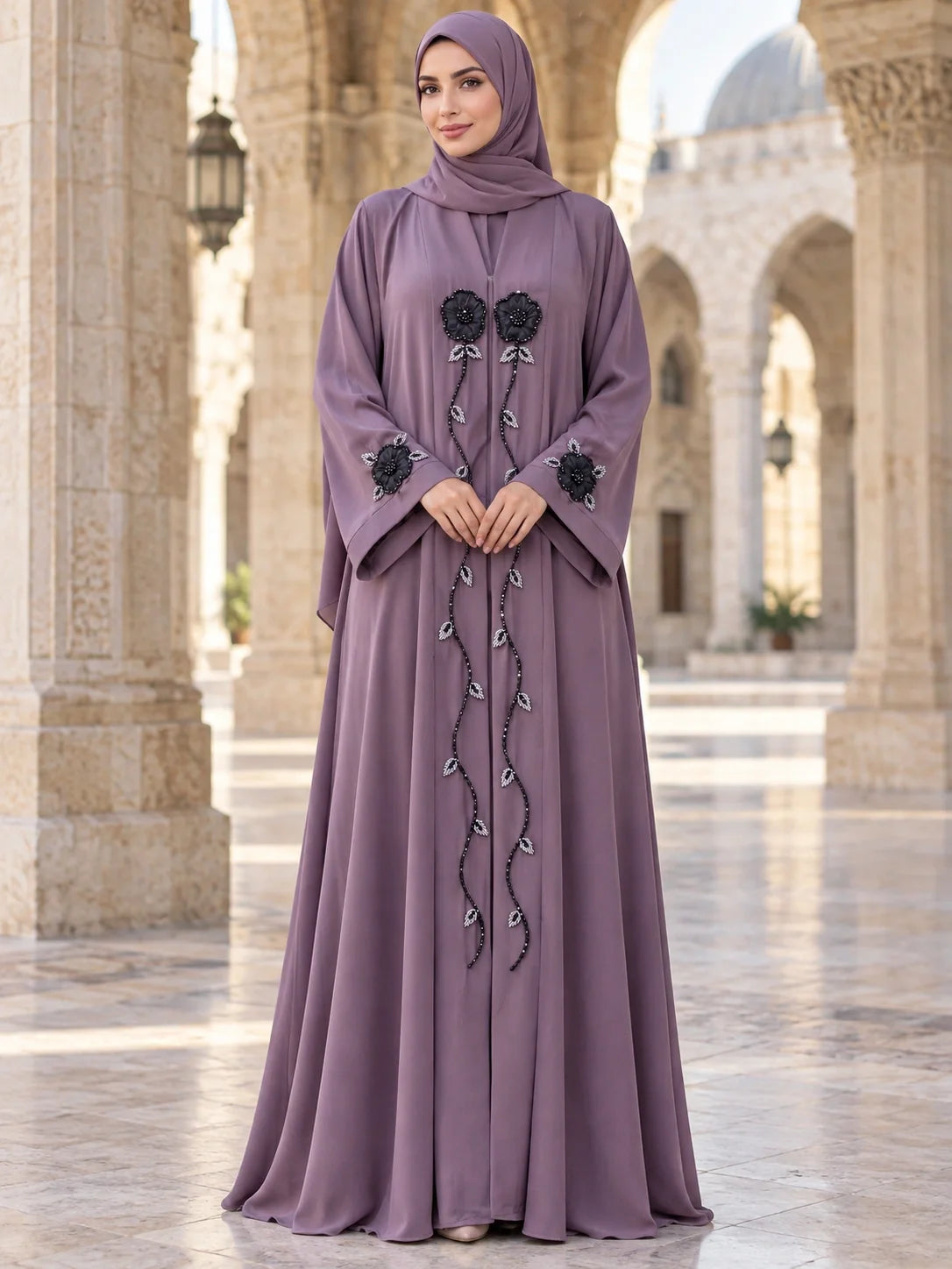 Gulnaz Abaya in Mauve with beaded floral vine