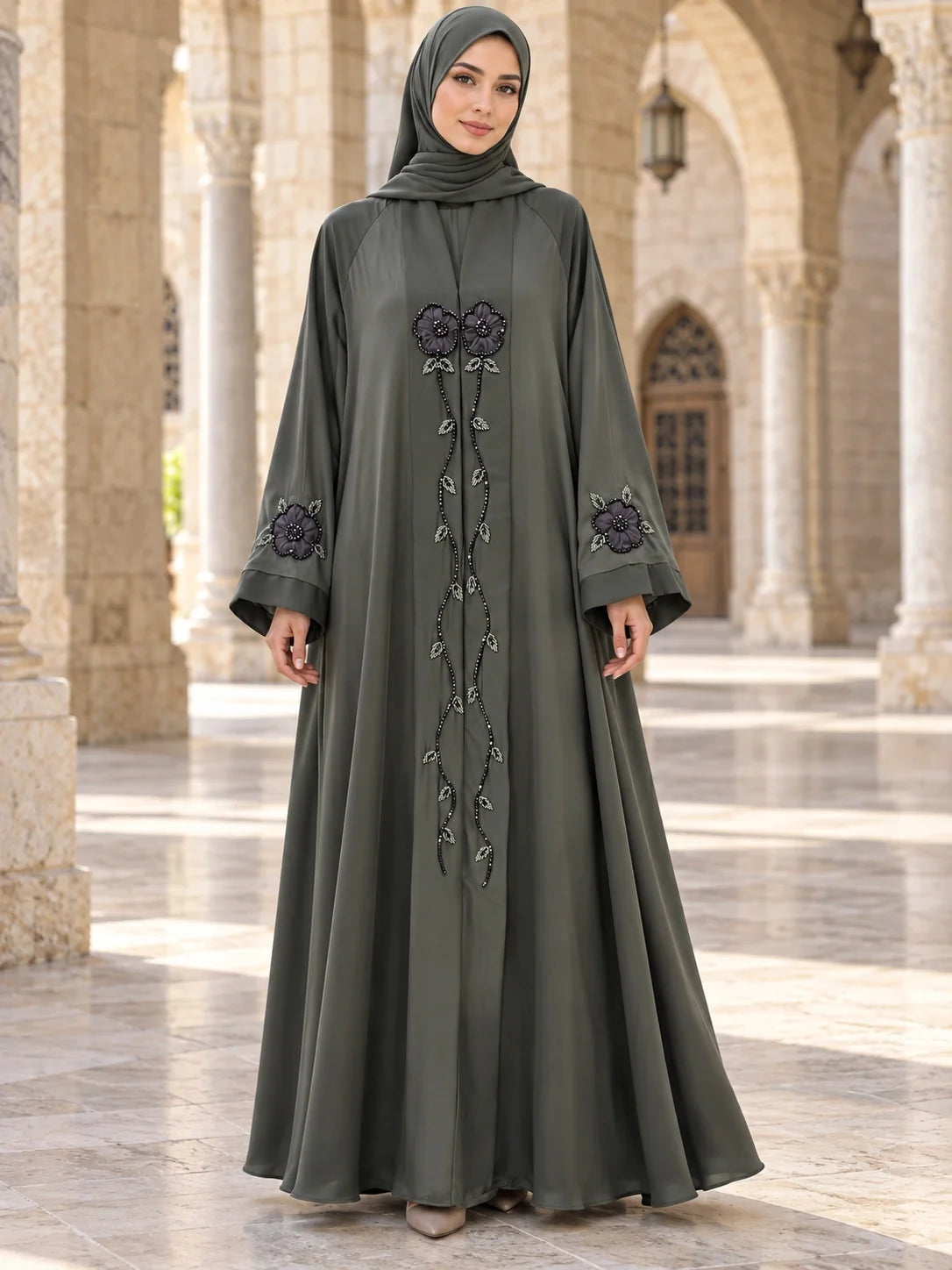 Gulnaz Abaya in Sage Green with beaded floral vine