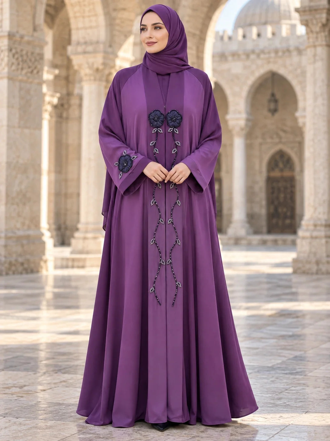 Gulnaz Abaya in Plum with beaded floral vine
