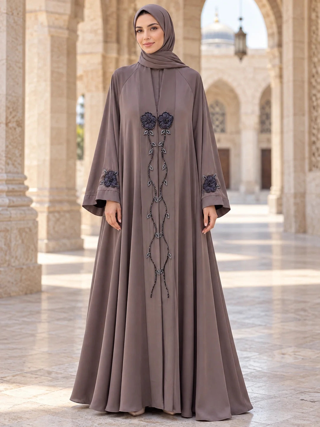 Gulnaz Abaya in Taupe with beaded floral vine