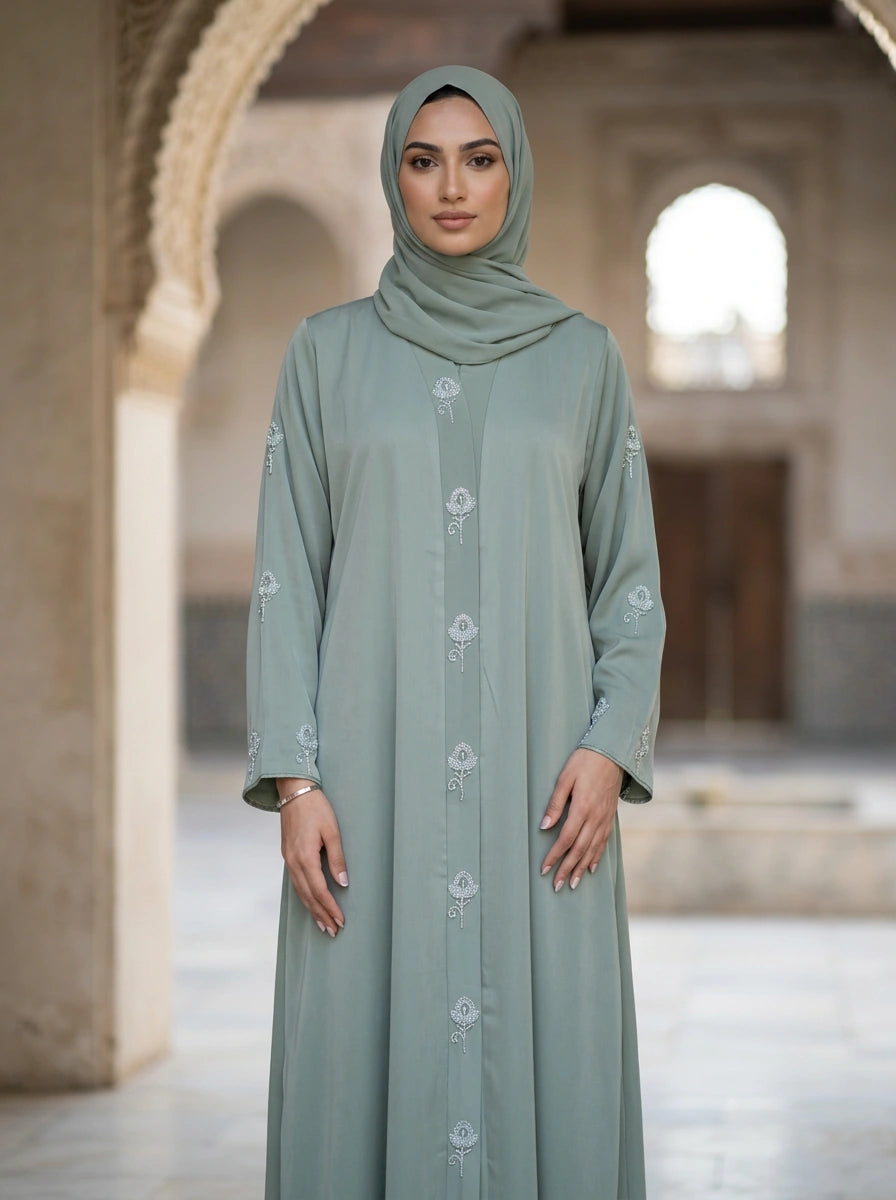 Gulrukh Abaya in Sage Green with beaded rosebud sprigs