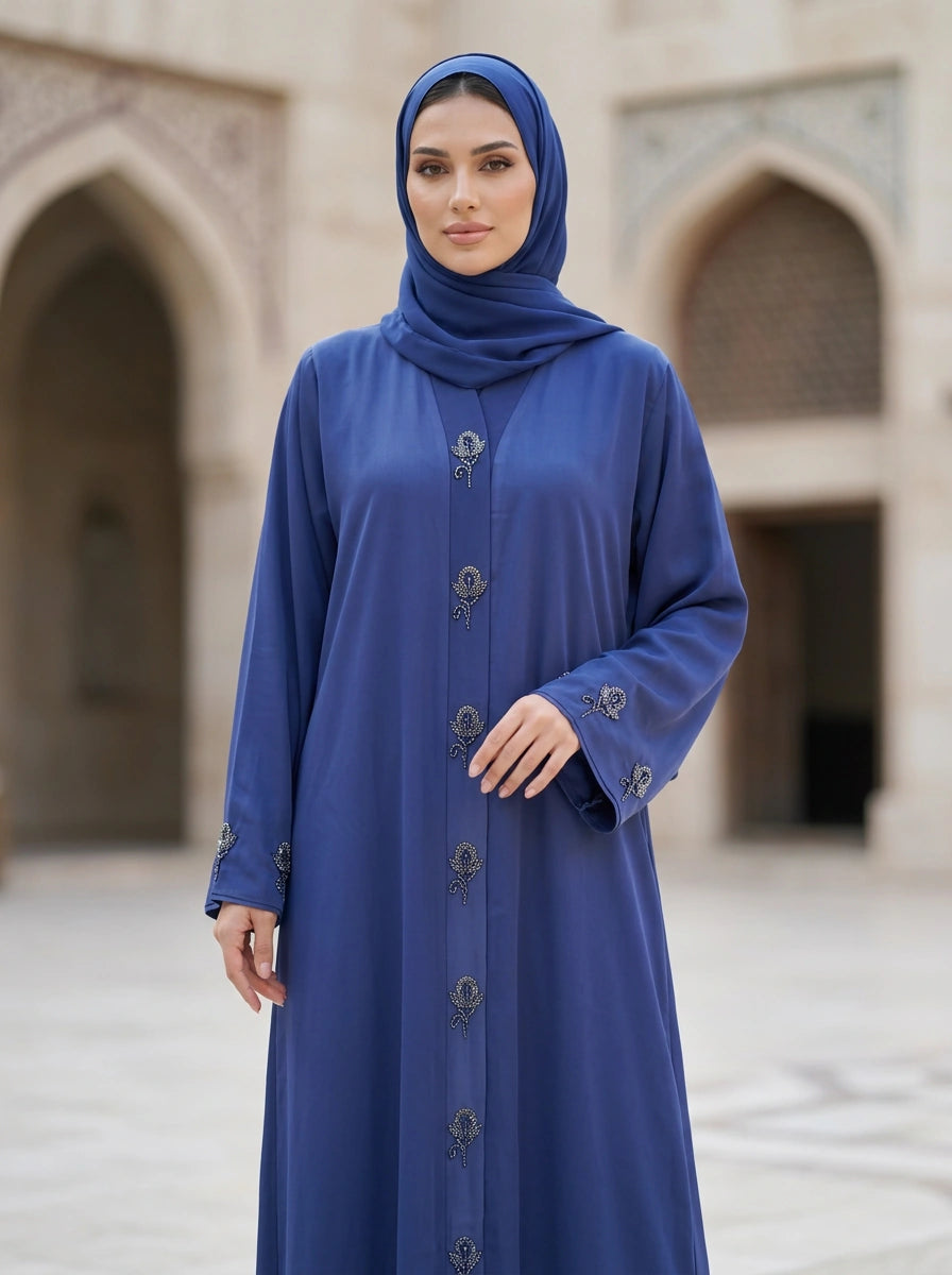 Gulrukh Abaya in Royal Blue with beaded rosebud sprigs