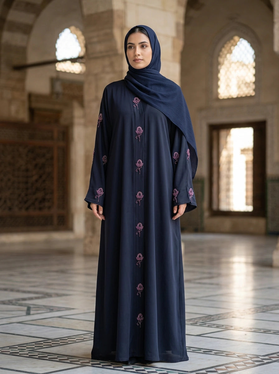 Gulrukh Abaya in Navy with beaded rosebud sprigs