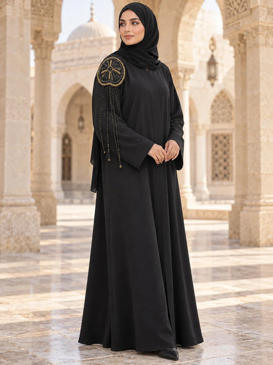 Hajira Abaya in Black with beaded shoulder medallion