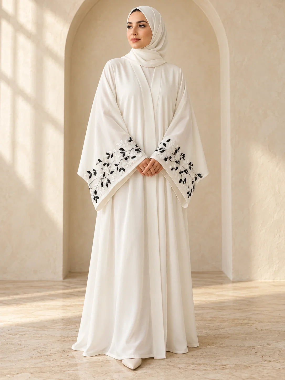 Rimaz Abaya in White with black leaf vine cuffs