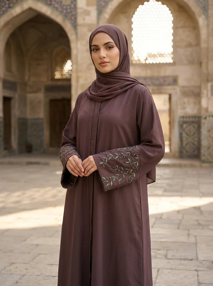 Kanwal Abaya in Cocoa Brown with hand-embroidered floral cuffs