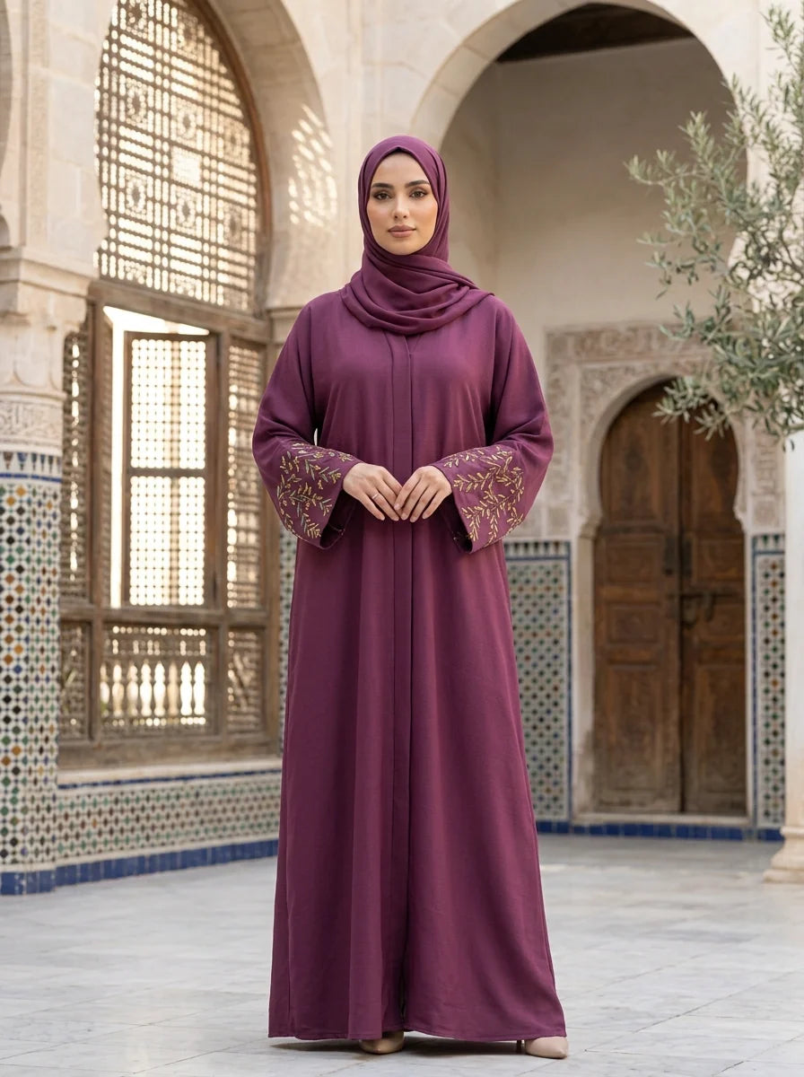 Kanwal Abaya in Grape Purple with hand-embroidered floral cuffs