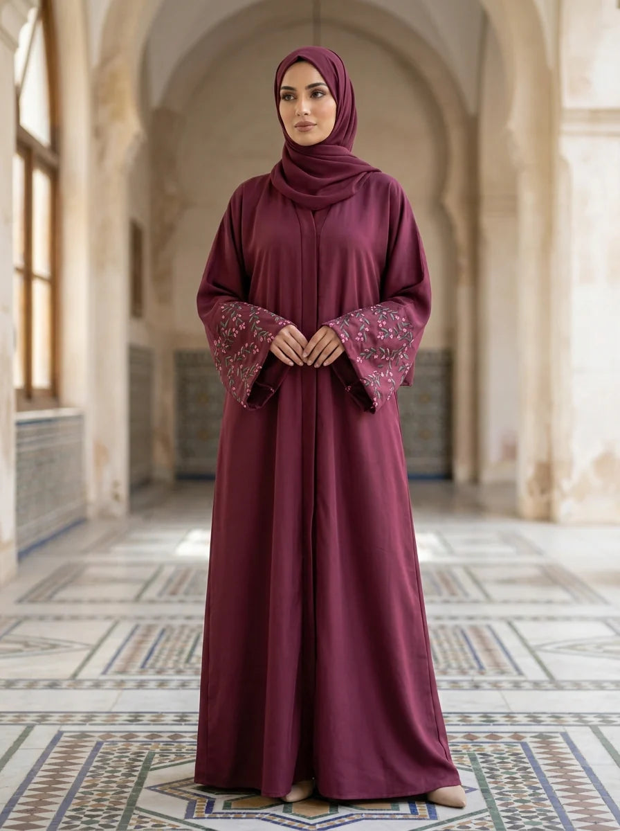 Kanwal Abaya in Wine with hand-embroidered floral cuffs