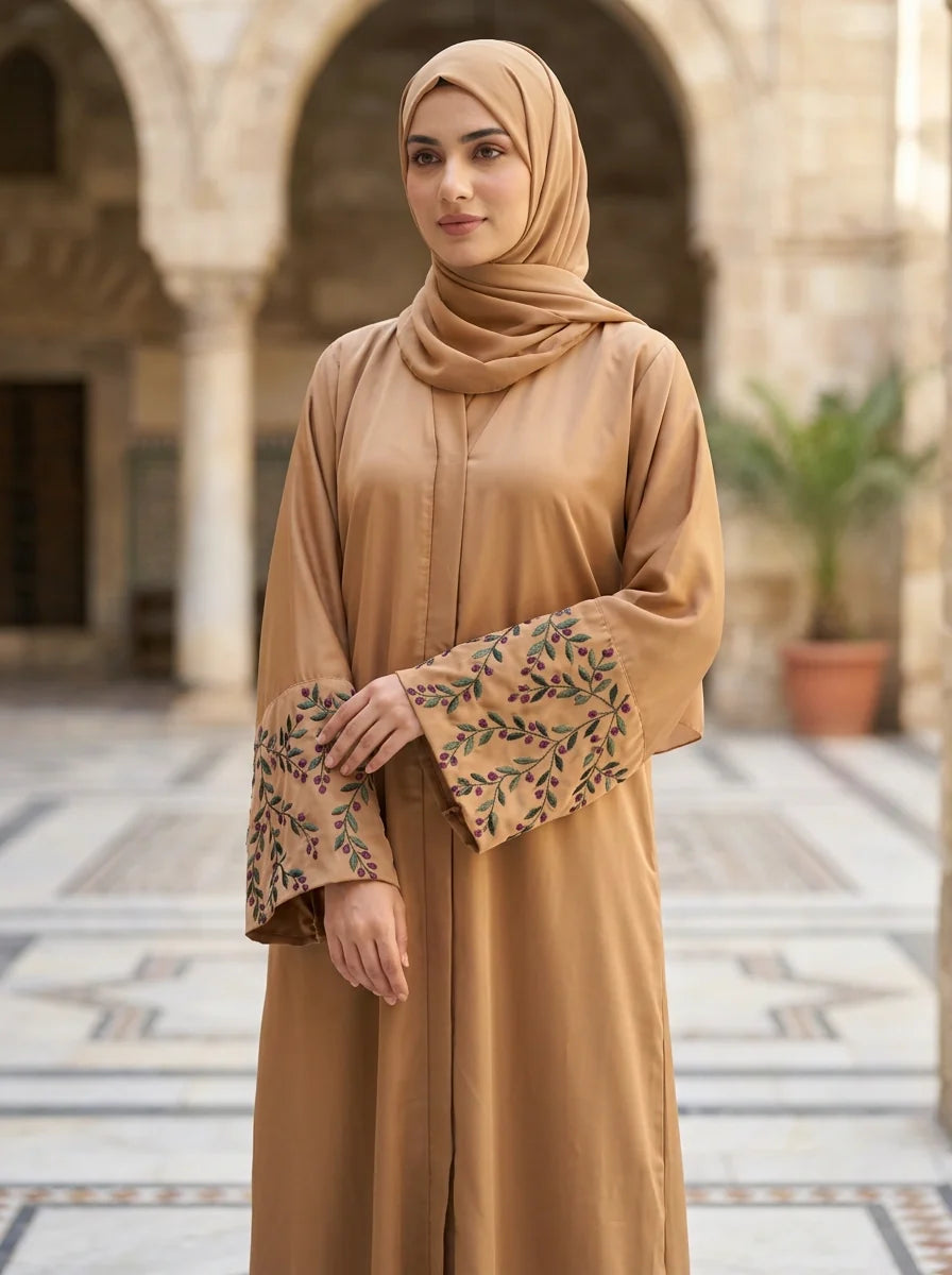 Kanwal Abaya in Camel with hand-embroidered floral cuffs