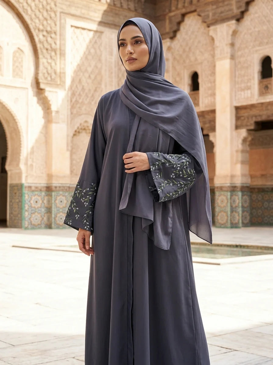 Kanwal Abaya in Charcoal Grey with hand-embroidered floral cuffs