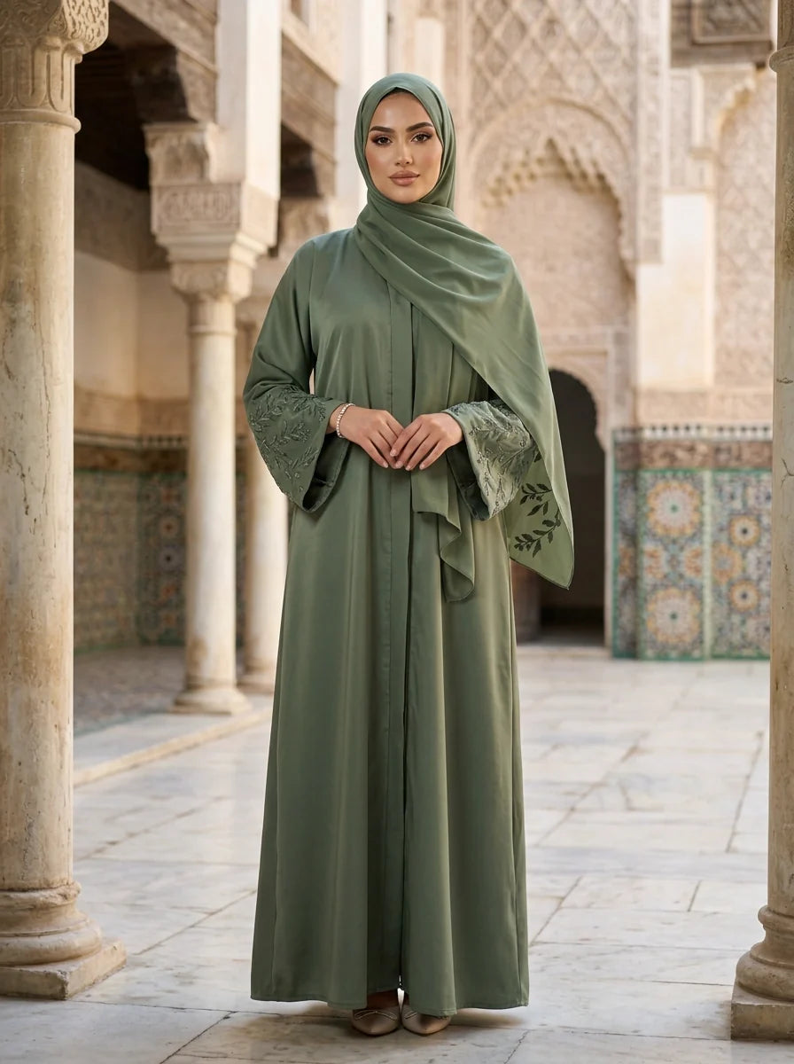 Kanwal Abaya in Sage Green with hand-embroidered floral cuffs