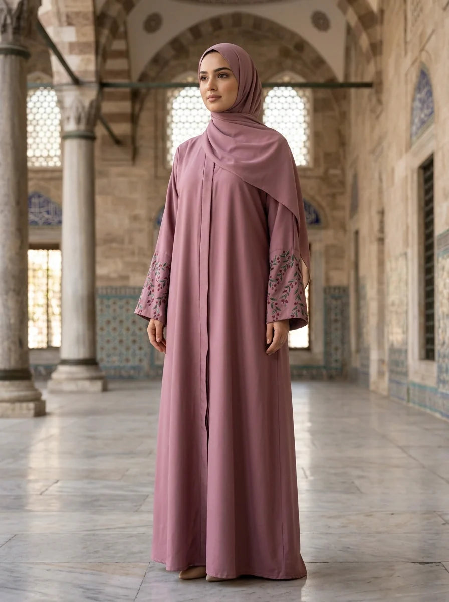 Kanwal Abaya in Dusty Rose with hand-embroidered floral cuffs
