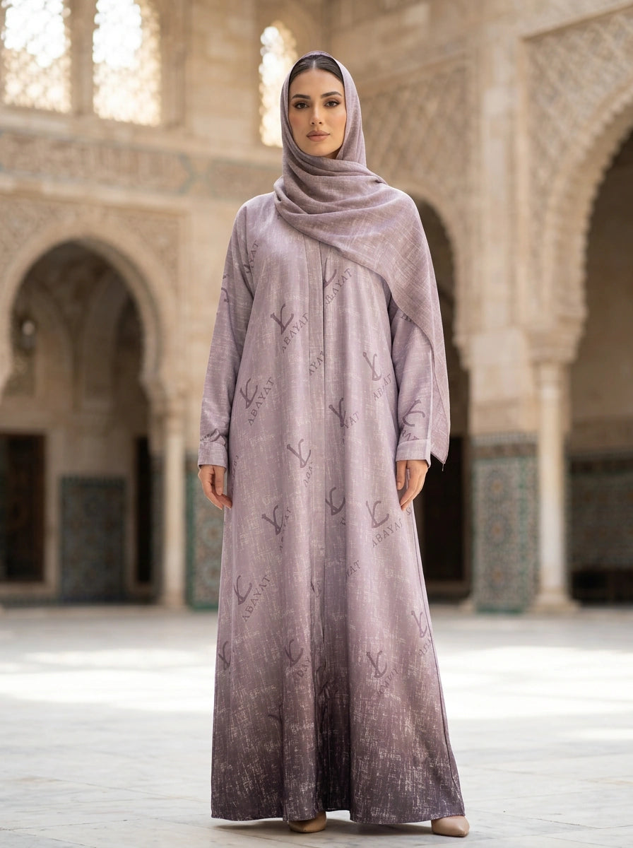 Kehkashan Abaya in Lavender, LC Abayat monogram print