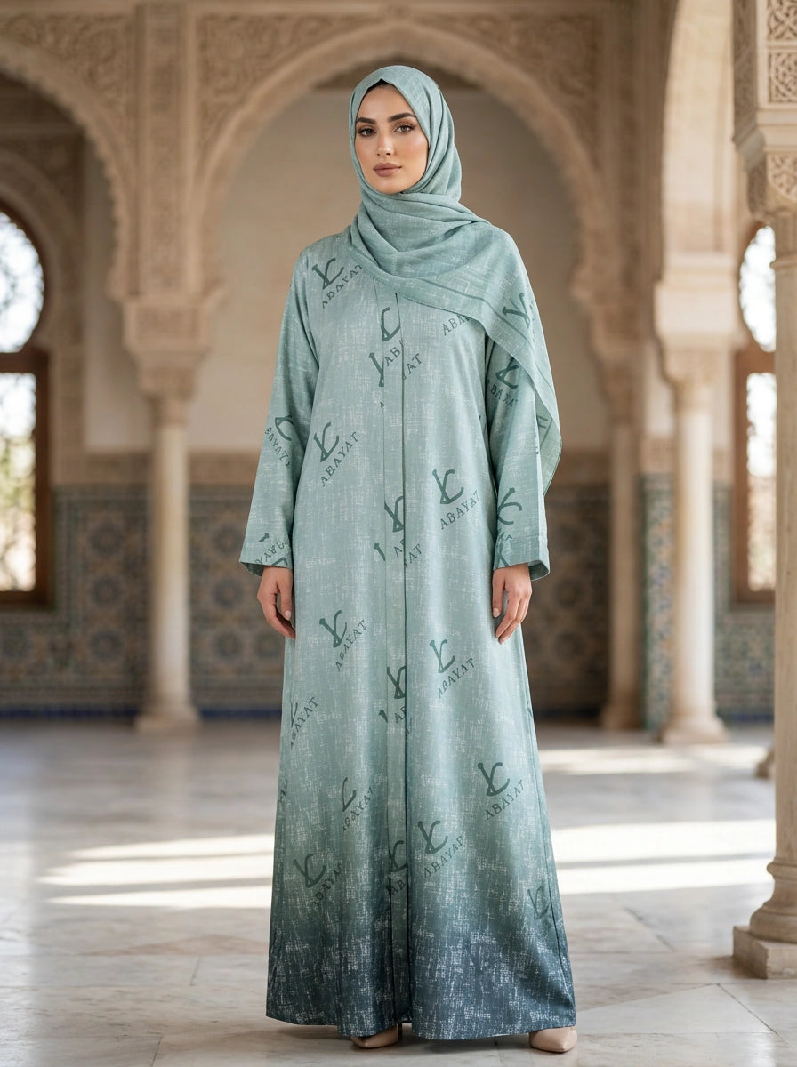 Kehkashan Abaya in Sage Green, LC Abayat monogram print