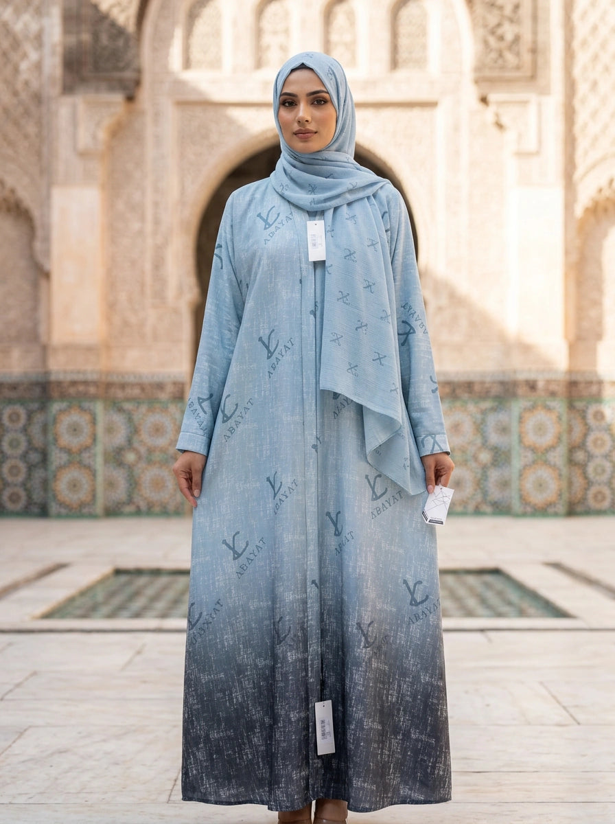 Kehkashan Abaya in Baby Blue, LC Abayat monogram print