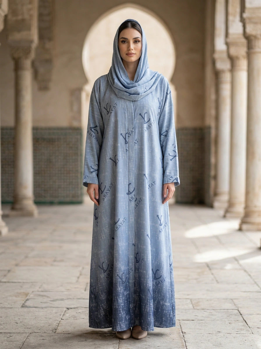 Kehkashan Abaya in Steel Blue, LC Abayat monogram print