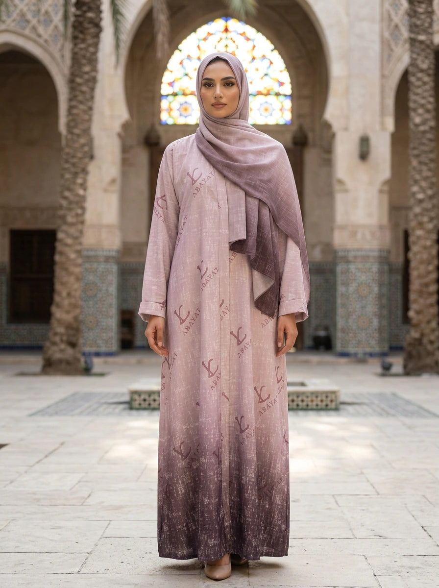 Kehkashan Abaya in Blush Mauve, LC Abayat monogram print