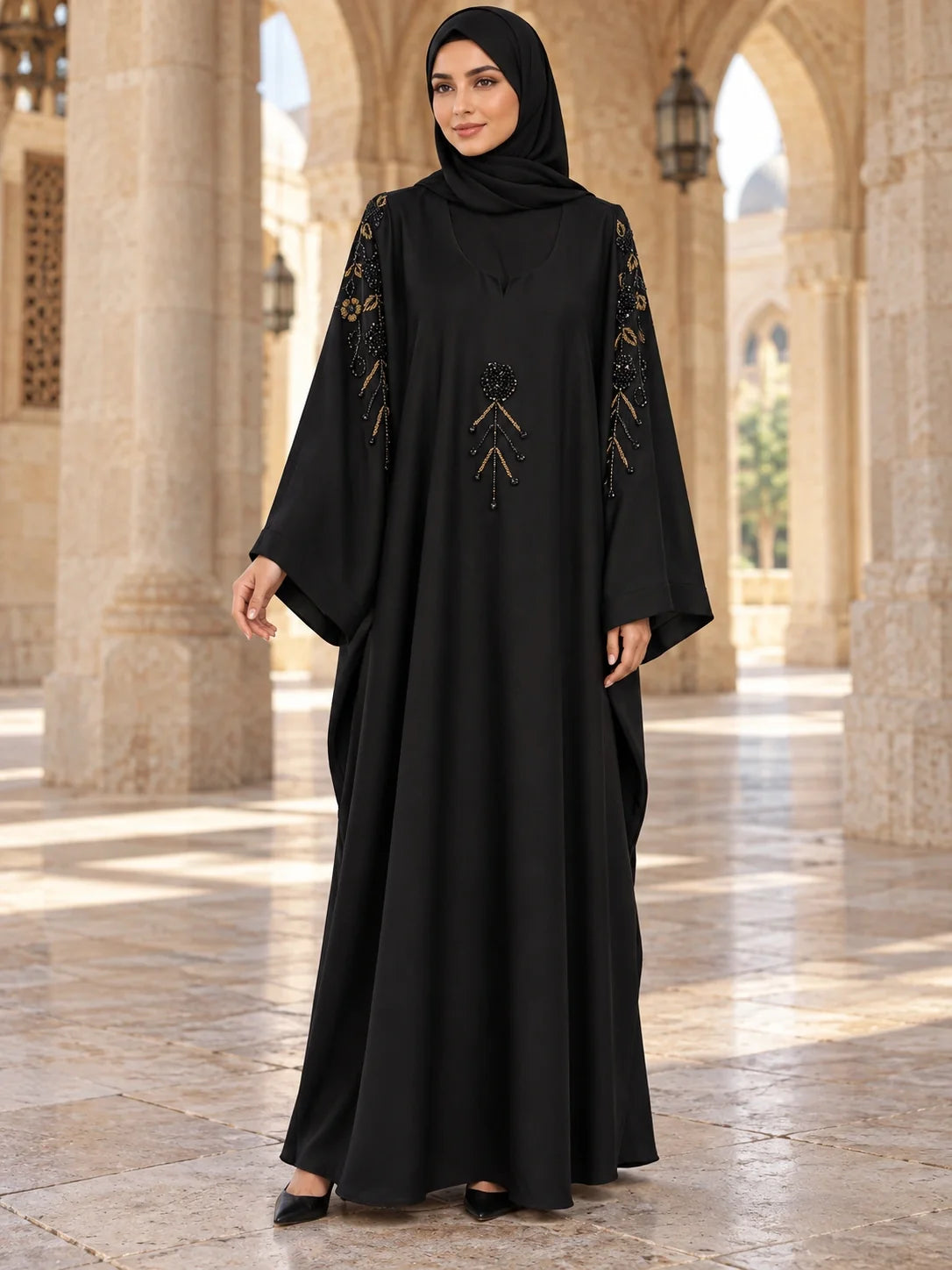 Kulsoom Abaya in Black with gold beaded embroidery