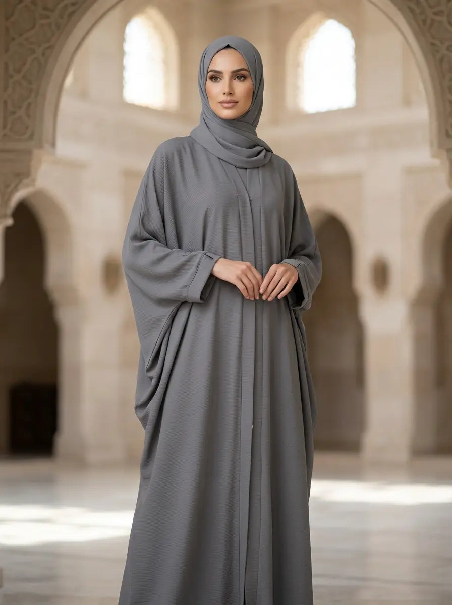 FashionSense Lina Abaya Dark Grey — open-front draped abaya with shawl-style front band and kimono sleeves