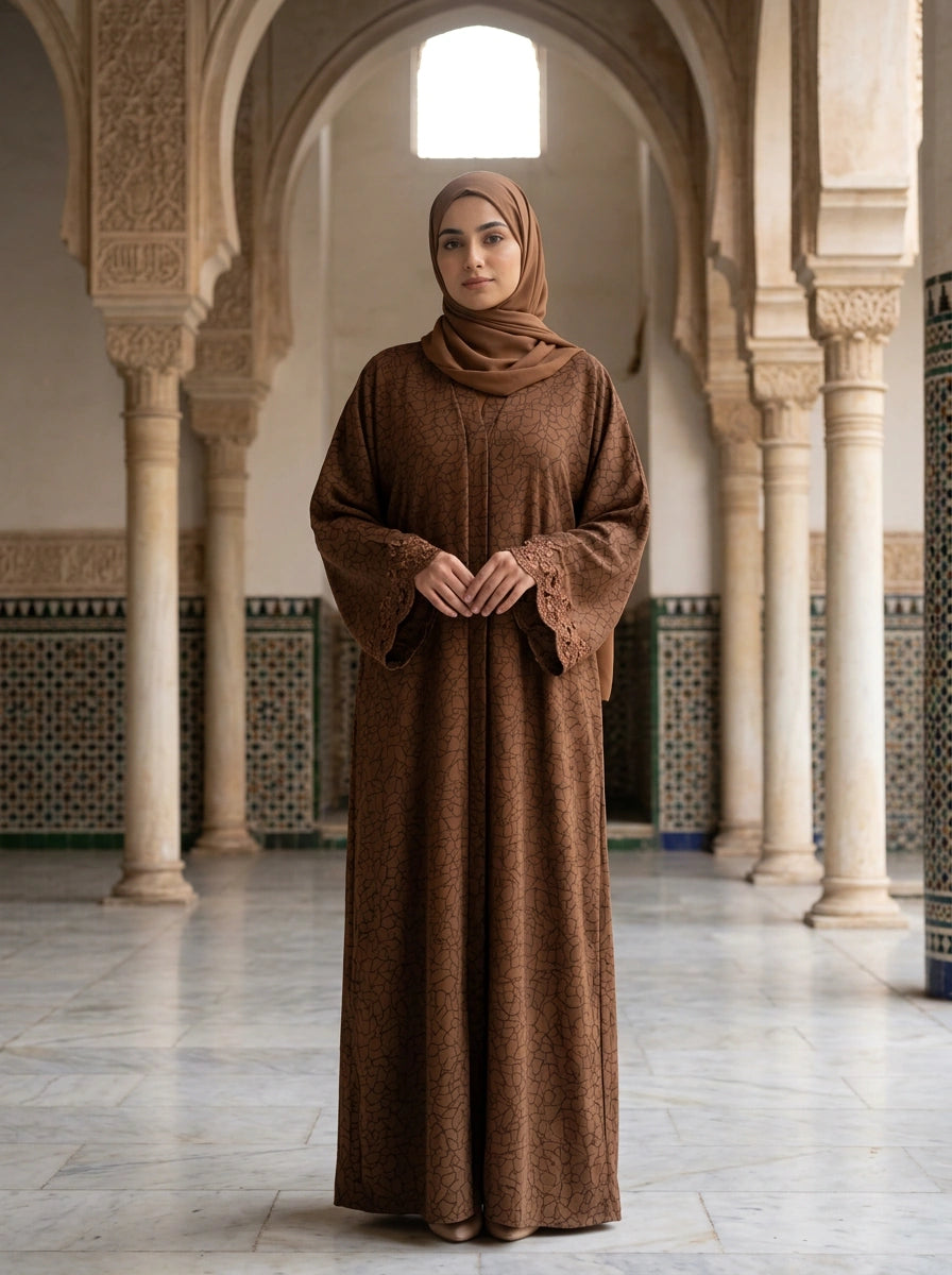 Mahjabeen Abaya in brown crackle-print with crochet-lace cuffs