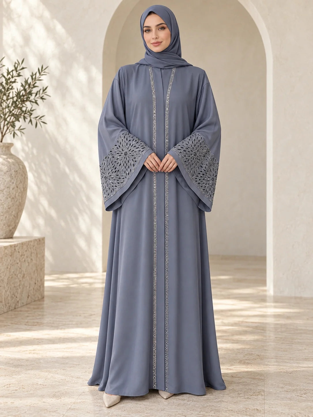 Mahnaz Abaya in Periwinkle Grey