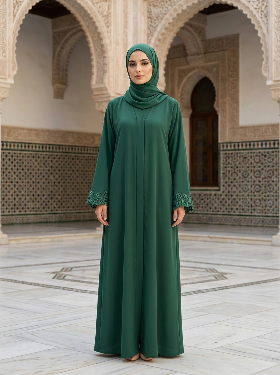 Mahpara Abaya in Emerald Green with cutwork-lace cuffs